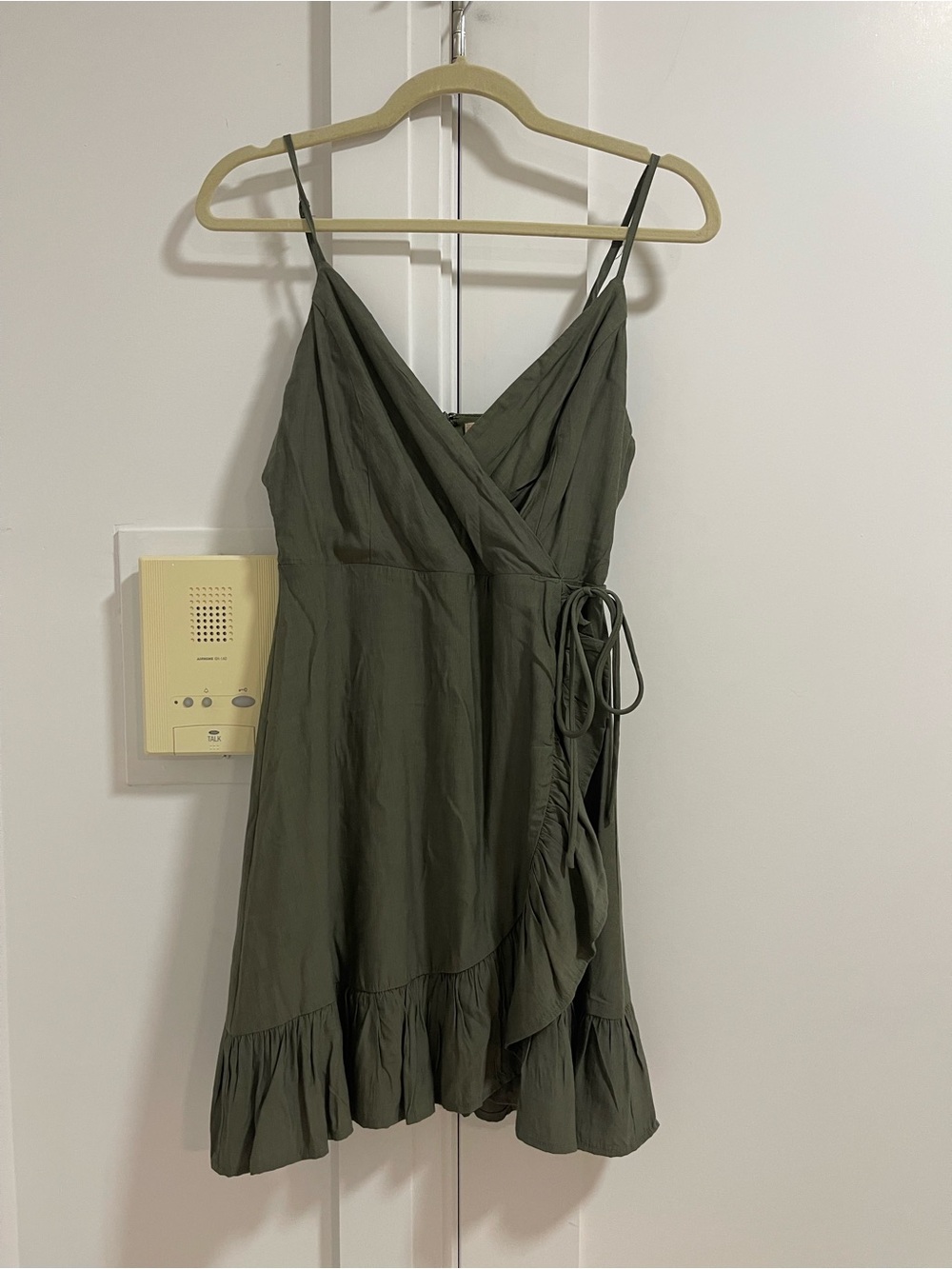Altar'd State Olive Green Wrap Mini Dress with Ruffle Hem